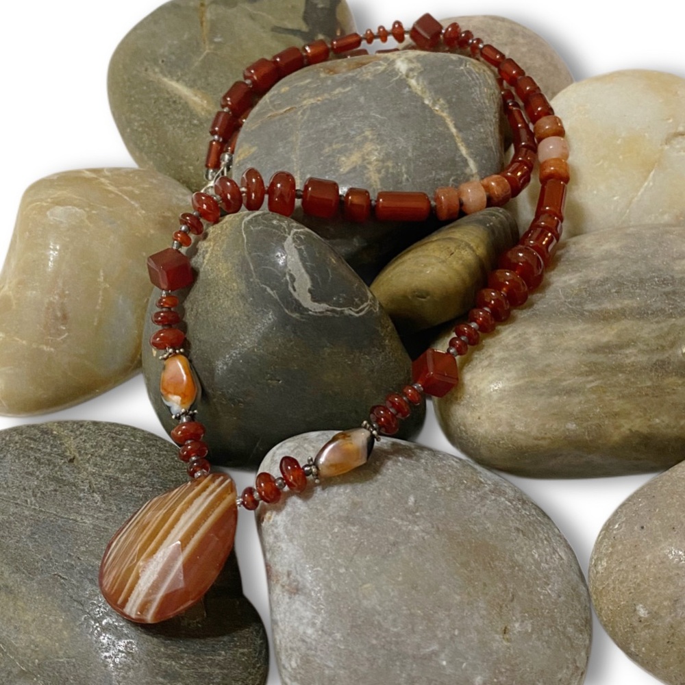 Artisan Red Agate Stone & Sterling Silver Pendant Bohemian Beaded Necklace